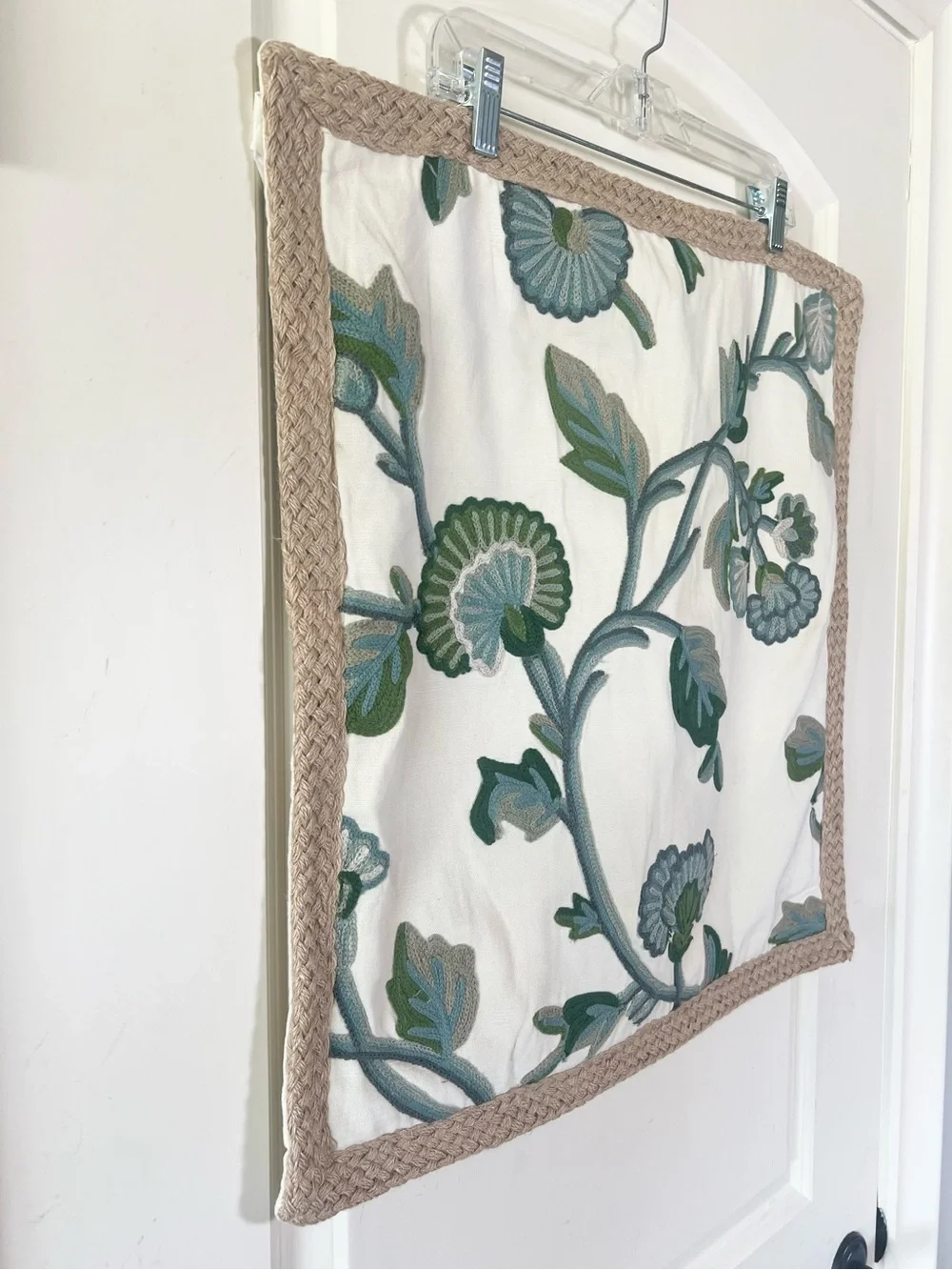 Vintage Pottery Barn Blue Green Floral Crewel Work Embroidered Pillow Sham 2018